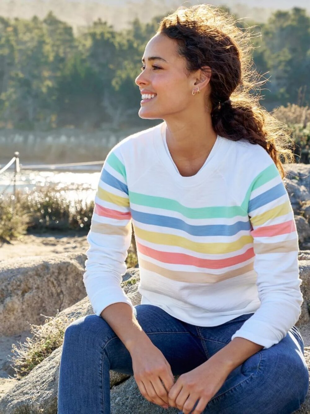 Women's Peaks Island Crewneck, Stripe, Medium, White Multi  stripe